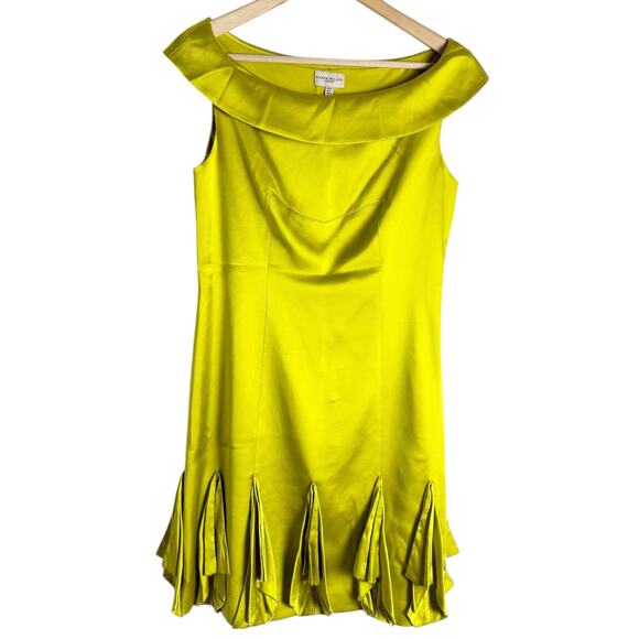 Karen Millen Chartreuse Lime Godet Hem Off the Shoulder Silk Mini Cocktail Dress - Picture 1 of 11